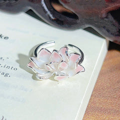 Drip Oil Enamel Butterfly & Lotus Open Ring, Sweet Fairy Style, Cute Pearl Bead Stackable Finger Ring For Women