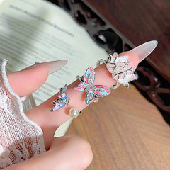Drip Oil Enamel Butterfly & Lotus Open Ring, Sweet Fairy Style, Cute Pearl Bead Stackable Finger Ring For Women