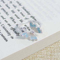 Cool Ice Blue Series Enamel Butterfly Open Ring, Vacation Style, Light Luxury High-end Niche Design Finger Ring For Women