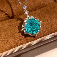 Inlaid High-Carbon Diamond Rose-Cut Aquamarine Pendant