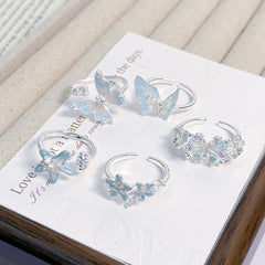 Cool Ice Blue Series Enamel Butterfly Open Ring, Vacation Style, Light Luxury High-end Niche Design Finger Ring For Women