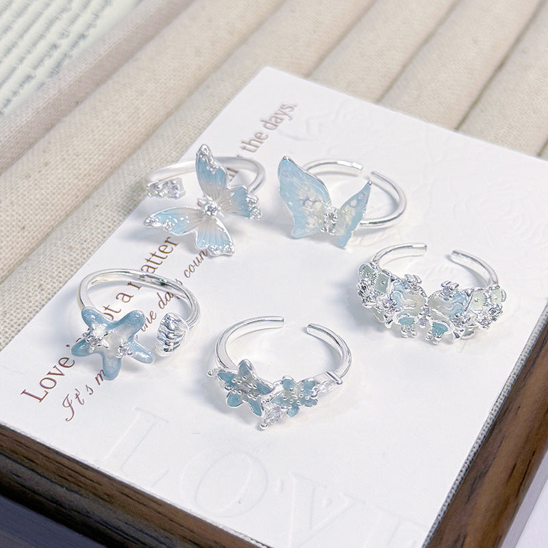 Cool Ice Blue Series Enamel Butterfly Open Ring, Vacation Style, Light Luxury High-end Niche Design Finger Ring For Women