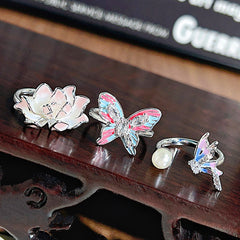 Drip Oil Enamel Butterfly & Lotus Open Ring, Sweet Fairy Style, Cute Pearl Bead Stackable Finger Ring For Women