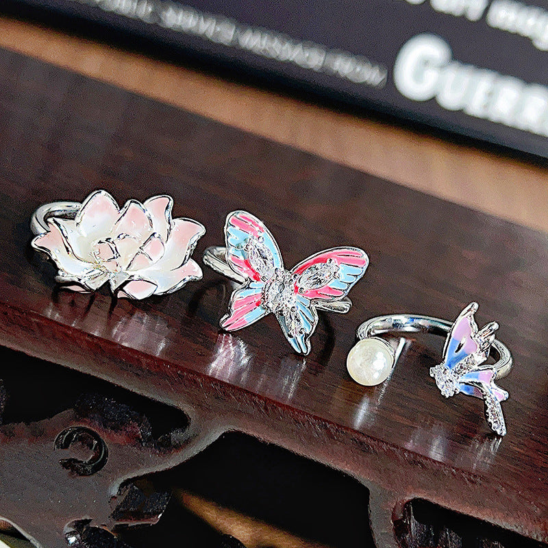 Drip Oil Enamel Butterfly & Lotus Open Ring, Sweet Fairy Style, Cute Pearl Bead Stackable Finger Ring For Women