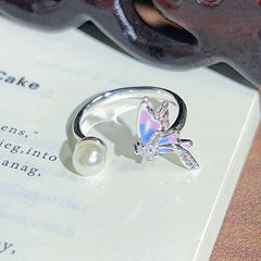 Drip Oil Enamel Butterfly & Lotus Open Ring, Sweet Fairy Style, Cute Pearl Bead Stackable Finger Ring For Women