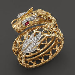 Gold Plated Dragon Ring, Red Eye & Zircon Inlaid Hollow Open Band, Domineering Unisex Fashion Jewelry