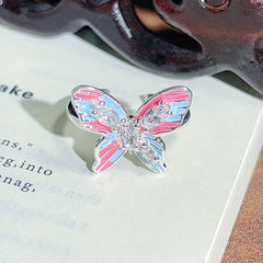 Drip Oil Enamel Butterfly & Lotus Open Ring, Sweet Fairy Style, Cute Pearl Bead Stackable Finger Ring For Women
